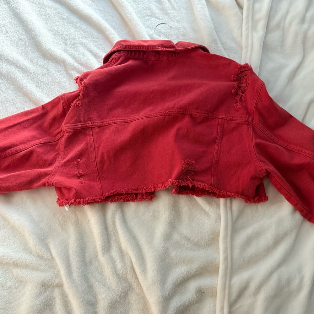 Red Cropped Denim Jacket - Picture 2 of 3